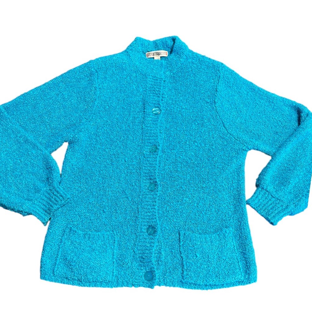 Joan‎ Harper vintage chunky nubby blue button down cardigan sweater pockets sz S